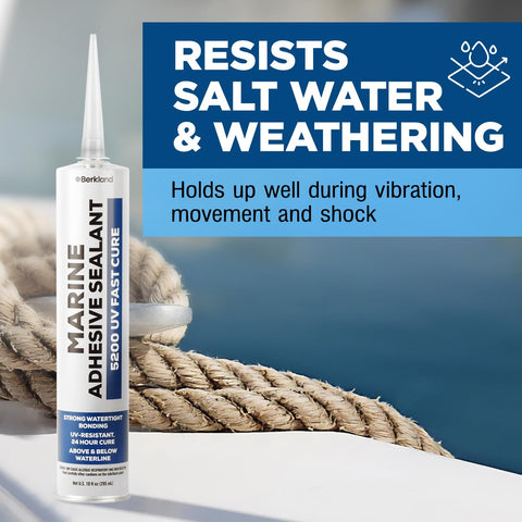 Marine Adhesive Sealant 5200 Fast Cure 10 Oz White tube beside coiled rope on boat deck.