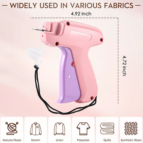 Clothes Stitch Gun Quick Fixer Kit For Easy DIY Mending And Tagging, Pro Grade Sewing Tool, pink and purple, dimensions shown.