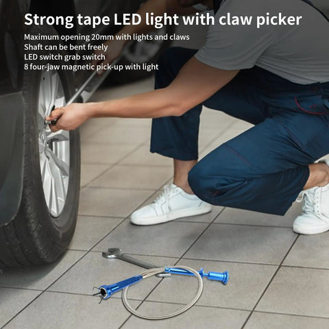 Extendable Magnetic Pickup Tool With Flexible Telescopic Pole And Bright LED Light For Easy Retrieval Of Small Parts Around The House Or Car this blue flex shaft is used by a mechanic at a tire