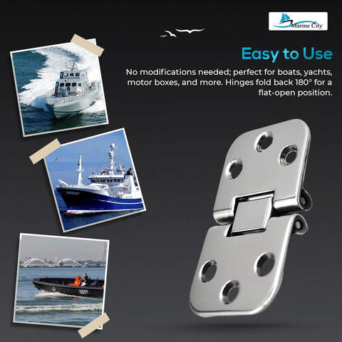 Flush Mount Hatch Hinges 316 Stainless Steel Marine Grade Build Tough As Nails Corrosion Resistant 180 Degree Rotation Ideal For Boats Yachts Doors Motor Boxes And RVs Pack Of 2 shown with illustrations of boats.