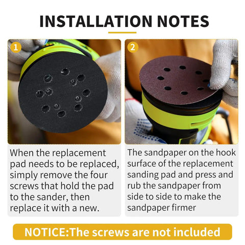 Installation guide showing steps to replace pad on Solid Build 5 Inch Hook Loop Orbital Sander Metal Pad Compatible With Ryobi RS240 RS280 RS290.