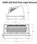 Diagram of Beefy 150W LED Wall Pack Light With Photocell Sensor HPS HID Equivalent dimensions and design features