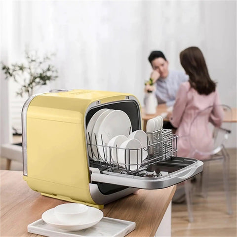 Portable Countertop Dishwasher Featuring No Fuss Quick Wash Cycles And Smart Energy Savers with clean plates in a yellow shell.