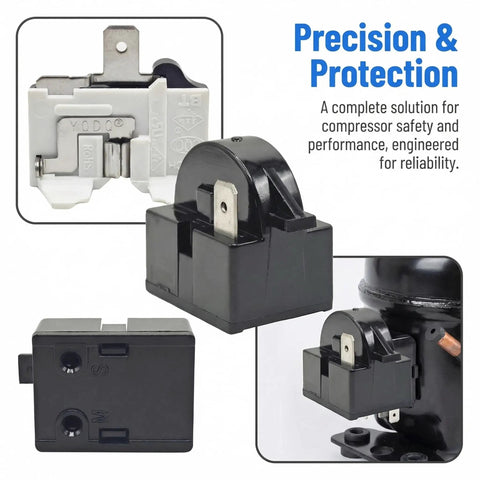 4.7 Ohm 1 Pin PTC Start Relay With Refrigerator Overload Protector for mini fridges and coolers, black and white components shown.