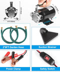 Components of 12V Portable Water Transfer Pump 330 GPH High Flow With On Off Switch, including hoses, suction strainer, power clamp, and safety switch.