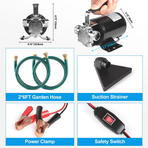 Components of 12V Portable Water Transfer Pump 330 GPH High Flow With On Off Switch, including hoses, suction strainer, power clamp, and safety switch.