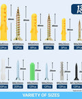 All In One 130 Piece Drywall Anchors And Screws Kit With 6 sizes, clear view of anchors and screws with labeled dimensions