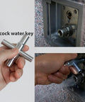 4 Way Sillcock Key Wrench Set For Faucets And Valves, Lifesaver Water Access Tool For Emergencies in use on outdoor faucet