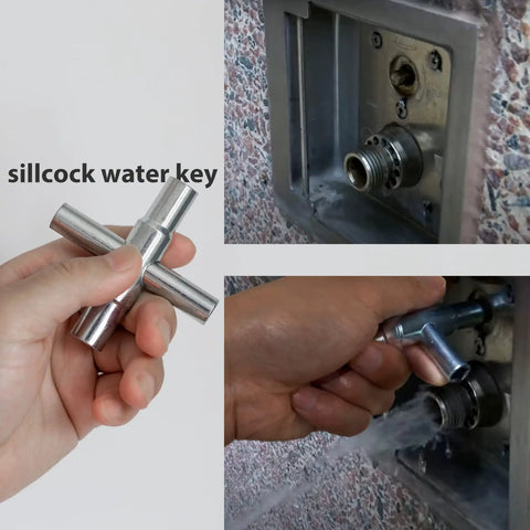 4 Way Sillcock Key Wrench Set For Faucets And Valves, Lifesaver Water Access Tool For Emergencies in use on outdoor faucet