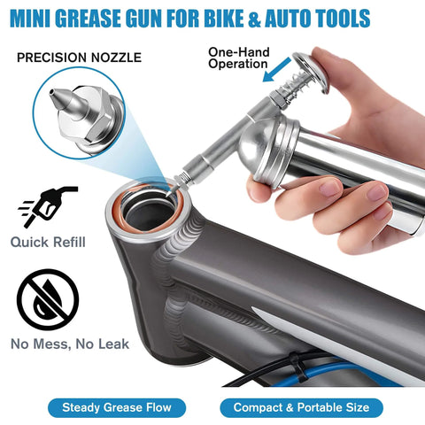 Compact Mini Grease Gun Kit With High Performance Bicycle Grease For Precise Lubrication And Lube Of Chains Pedals Bearings And More Nozzle Included Leak Free Seal 100g 3oz Cartridges Ideal Bike Maintenance On The Go in use on bicycle headset