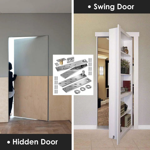 Hidden Door Pivot Hinges for Wood Doors, Heavy Duty Stainless Steel 200 Lb Load, Concealed Bookcase Cabinet Door Hinges, installed