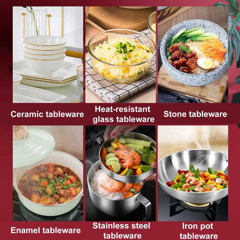 Variety of tableware types including ceramic, glass, stone, enamel, stainless steel, and iron pot with food servings