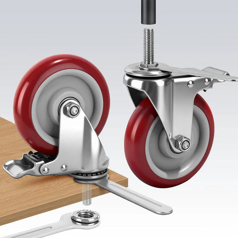 Heavy Duty 5 Inch Locking Swivel Caster Wheels For Furniture With Threaded Stem and Surefire Side Brake on wooden surface.