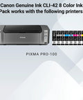 CLI 42 Eight Color Ink Pack For PIXMA PRO 100 Printers with ChromaLife100 Plus Inks shown next to compatible printer.