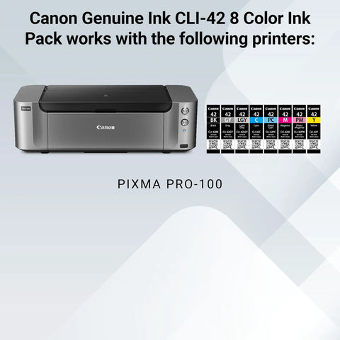 CLI 42 Eight Color Ink Pack For PIXMA PRO 100 Printers with ChromaLife100 Plus Inks shown next to compatible printer.