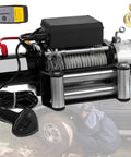 Heavy Duty 12V Or 24V Dc Steel Wire Electric Winch For Atv Utv Suv And Jeep Off Road Vehicle Recovery With Wireless Remote Control Up To 3000 Lbs Pulling Power Plus Handheld Controller showing winch motor, steel wire, and remote control.