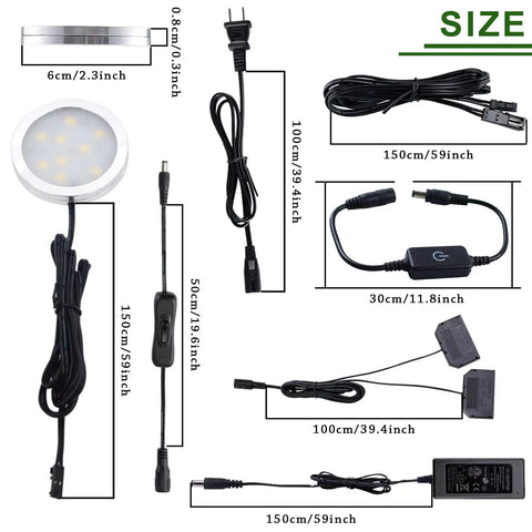 Diagram of Slim LED Under Cabinet Lighting Puck Lights With Easy Install Touch Dimming 12V Hardwired Or Plug In, dimensions shown.