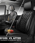 Dope Faux PU Leather Front Seat Covers For SUVs Vans And Trucks, Waterproof Anti Slip, shows before and after seat upgrade.
