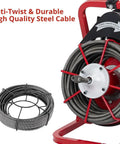 Electric Drain Auger With 30 Meter Steel Cable Drain Snake 250W Motor showing anti-twist steel cable and reel.