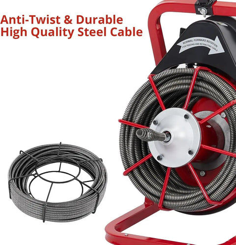 Electric Drain Auger With 30 Meter Steel Cable Drain Snake 250W Motor showing anti-twist steel cable and reel.