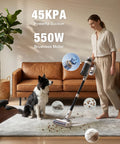 Woman using Cordless Vacuum Cleaner With 55 Minutes Runtime 15 In 1 Self Standing Stick Vacuum With Led Light Anti Tangle And Wall Mount Charging Lightweight For Hard Floors Carpets And Pet Hair while dog watches.