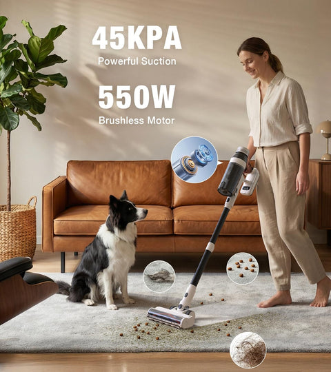 Woman using Cordless Vacuum Cleaner With 55 Minutes Runtime 15 In 1 Self Standing Stick Vacuum With Led Light Anti Tangle And Wall Mount Charging Lightweight For Hard Floors Carpets And Pet Hair while dog watches.