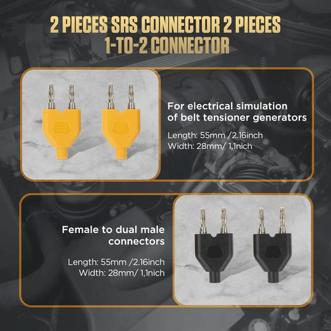 Image showing 2 pieces of SRS 1-to-2 connectors, one yellow and one black, used for electrical simulation, with dimensions labeled.