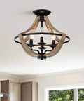 Matte Black Metal Open Cage 4 Light Semi Flush Mount With Dope Wood Grain Finish In Brown Indoor Ceiling Light Fixture Requires Four 60 Watt E12 Bulbs Not Included