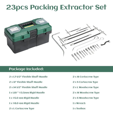 23 Piece Stainless Steel Packing Extractor Set With Flexible Shaft, Removable Tips, Corkscrew Wrench in Toolbox