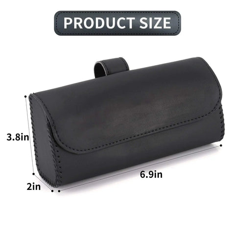 Premium Leather Car Sun Visor Sunglasses Holder, 2 Pack Universal Eyeglass Case with secure magnetic snap, dimensions shown.