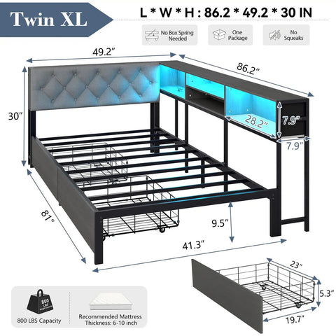 Super Solid Corner Twin XL Bed Frame With Built In Storage Bookcase And Plush Tufted Upholstered Headboard For Kids Room, dimensions and features.