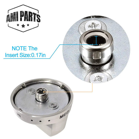 Gas Range Burner Dial Knob Replacement for Samsung Ovens and Stoves, showing 0.17in insert size detail and brand logo