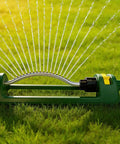 Heavy Duty Oscillating Lawn Sprinkler With 18 Brass Nozzles Delivers Up To 3,600 Sq Ft Coverage, Adjustable Spray Angles, in use on lawn