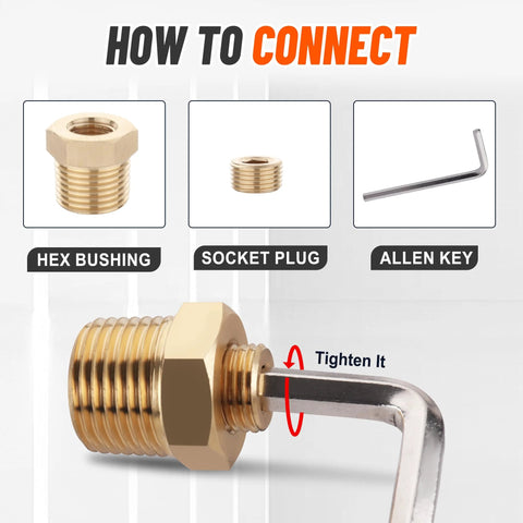Brass pipe plug set with hex bushing, socket plug and Allen key; five sizes 1/8–3/4 in NPT