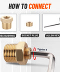 Brass pipe plug assortment kit, 20 pcs, 1/8, 1/4, 3/8, 1/2 in NPT plugs; hex bushing, socket plug, Allen key, front view