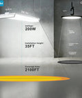 Heavy Duty Led High Bay Light 2 Foot Linear Shop Fixture 200 Watt showing installation specs and coverage area in a warehouse.
