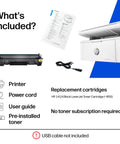 Contents of Wireless Laser Printer For Small Teams With Fast Black And White Printing Scanning And Copying Easy Setup And Mobile Printing Budget Friendly Compact MFP Built For Home Office Or Tiny Teams box including printer, power cord, user guide, and replacement cartridge.