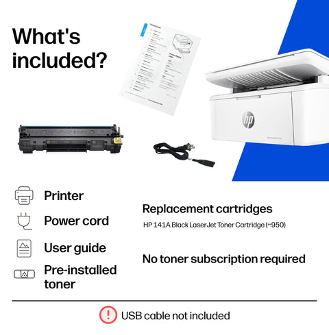 Contents of Wireless Laser Printer For Small Teams With Fast Black And White Printing Scanning And Copying Easy Setup And Mobile Printing Budget Friendly Compact MFP Built For Home Office Or Tiny Teams box including printer, power cord, user guide, and replacement cartridge.