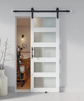 White Glass Barn Door Slab 28 By 84 Inches With Frosted Glass installed in interior with included hardware kit and handle.