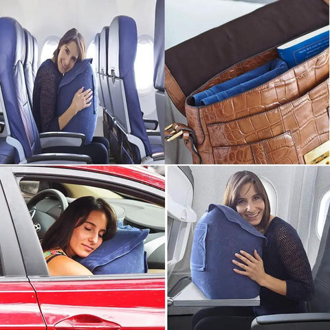 Inflatable Head And Neck Travel Pillow with Ergonomic Patented Design for Airplanes Cars Buses Trains Office Camping