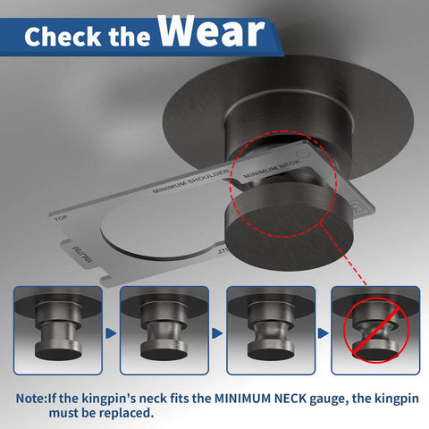 SAE J700 Compliant King Pin Gauge For Trailers Quick Three Step Wear Height And Squareness Check To Prevent Accidents Keep Your Rig Safe Durable Silver Tool For Precise Pin Measurements measuring king pin neck wear