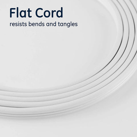 Three Outlet Flat Extension Cord With Eight Foot Grounded Cable For Home Office Media Center And Workspace Use Turns One Wall Outlet Into Three Prong Outlets, flat cord closeup