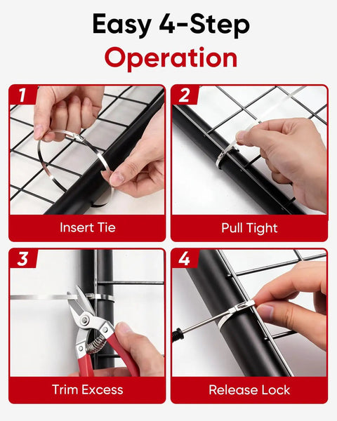 52-Piece 304 Stainless Steel Zip Tie Kit With Unlock Tool And Industrial Scissors, 11.8 Inch Self-Locking Cable Ties usage steps