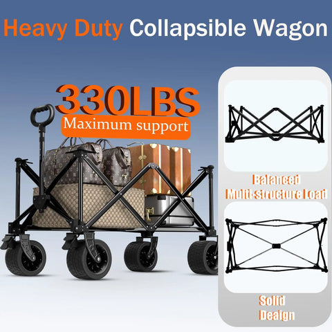 Foldable Wagon With Silent All Terrain Wheels And Brakes, Heavy Duty Beach Cart For Camping Garden Shopping And Sports, Large Collapsible Wagon With Cup Holders, Easy Open And Close Black, carrying luggage showing 330 lbs capacity