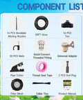 Component list of 360 Degree Adjustable Drip Irrigation System With Large 50 Ft 15/32 Inch Hose For High Flow Watering