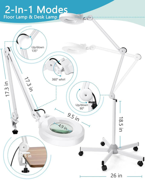 Lit LED Magnifying Lamp With Stand And Rolling Base, 4.9 Inch Lens, 2,200 Lumens, Stepless Dimmable, adjustable arm features