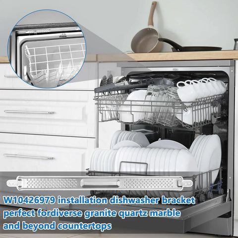 Open dishwasher with All In One 24 Inch Dishwasher Mounting Bracket Kit With Column Level For Granite And Quartz Countertops Includes Screws And Hardware For Precise Alignment And Easy Installation, visible with brackets and screws.