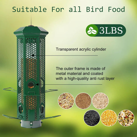 Weight Activated Squirrel Proof Bird Feeder With Removable Base For Outdoor Hanging No Hassle Setup, 6 Ports Perches, 3Lb Seed Capacity, Heavy Duty Metal Construction In Green