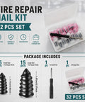 Rock Solid Mushroom Tire Repair Kit With Steel Puller Tool And Compact Carry Case For Cars Trucks Scooters And Electric Bikes No Sweat Roadside Puncture Patch Jobs shown with 32 piece set in compact case, includes nails and screwdriver.