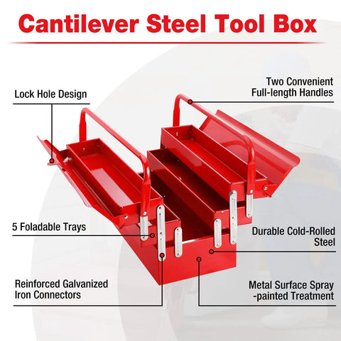 Heavy Duty 18 Inch Cantilever Tool Box With 5 Tray Foldout Organizer Metal Red Storage Case, lock design and handles